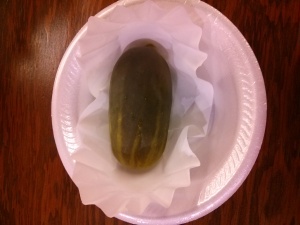 A pickle in a bowl on a table at Judgement House, NewSpring Church, Wichita, KS